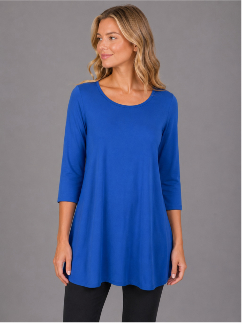 Clara Sunwoo Vista Blue Keyhole Back Tunic Top Slinky Liquid Knit Shirt Size L